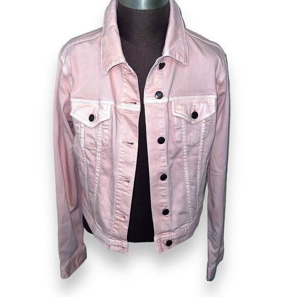 Land's End Denim Trucker Jacket Button Front Pink Cotton Blend Size Medium NWT - Picture 1 of 6